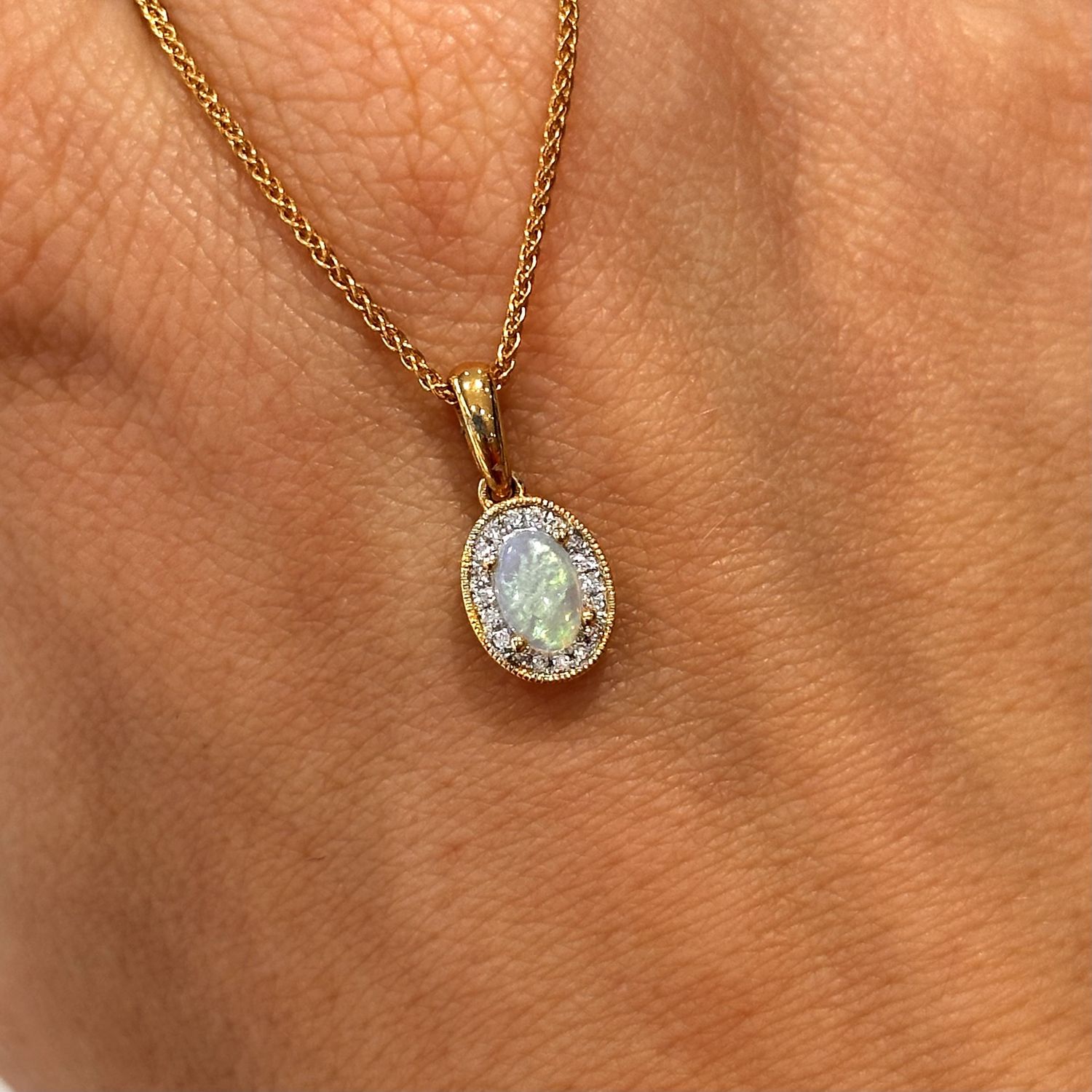 18ct Yellow Gold Oval Opal &amp; Diamond Pendant