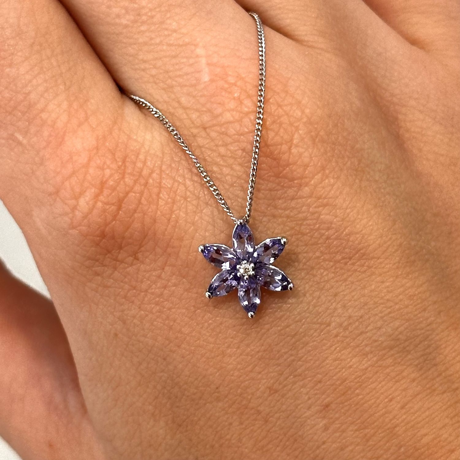 9ct White Gold Tanzanite &amp; Diamond Flower Pendant