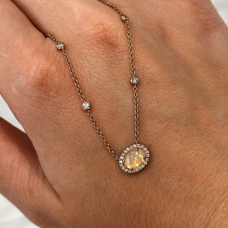 9ct Yellow Gold  Oval Opaland Diamond Necklace