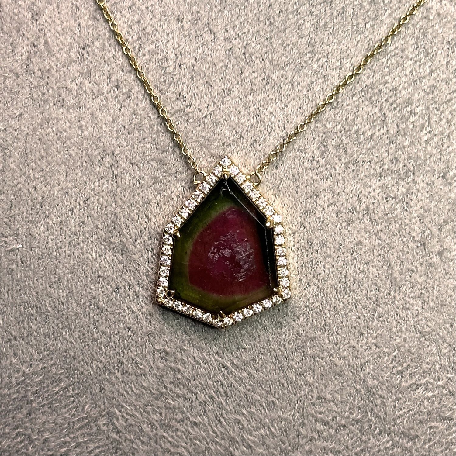 18ct Yellow Gold Tourmaline Slice Diamond Pendant