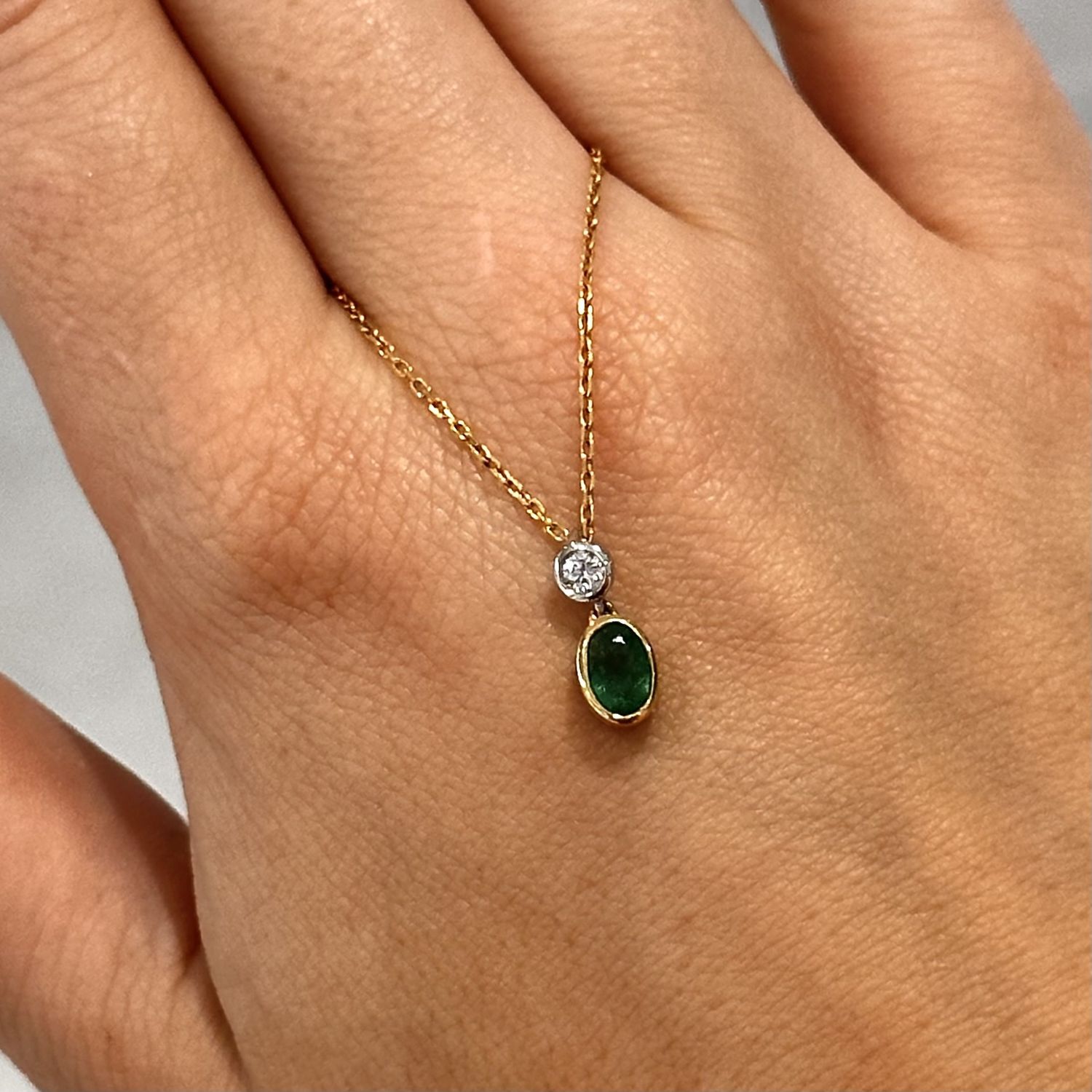 18ct Yellow &amp; White Gold Oval Emerald &amp; Diamond Pendant