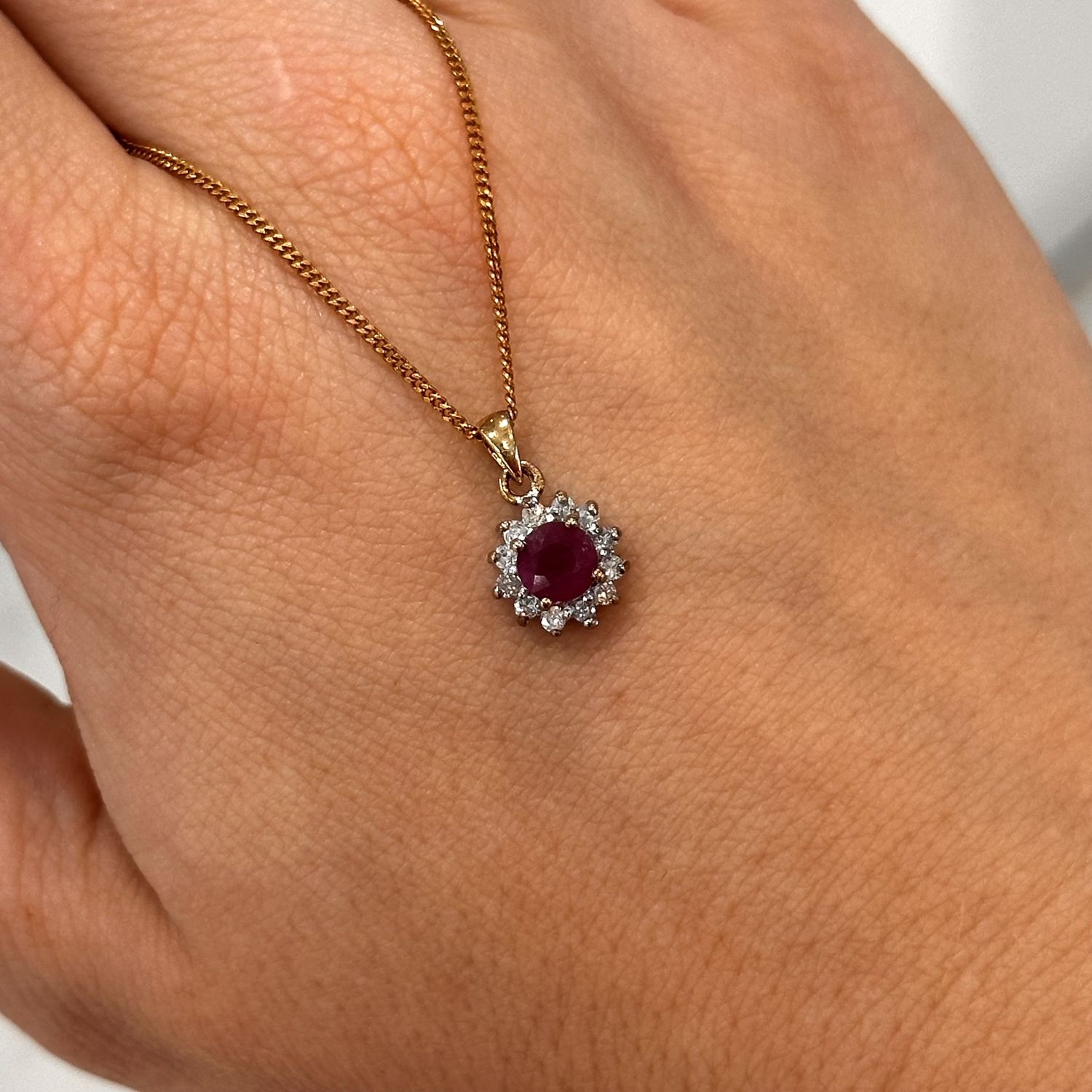 Pre-Owned 9ct Yellow Gold Ruby and Diamonds Cluster Pendant