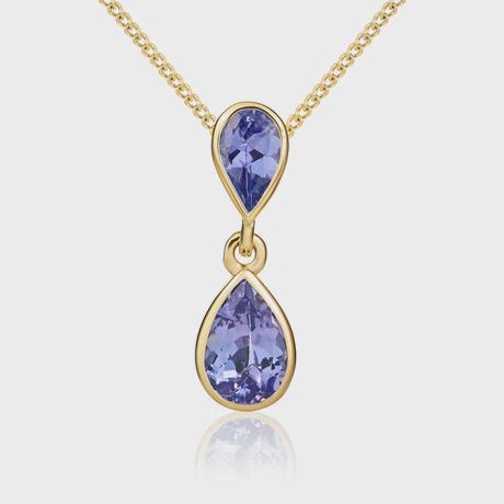 9ct Yellow Gold Pear Shaped Tanzanite Rubover Double Drop Pendant