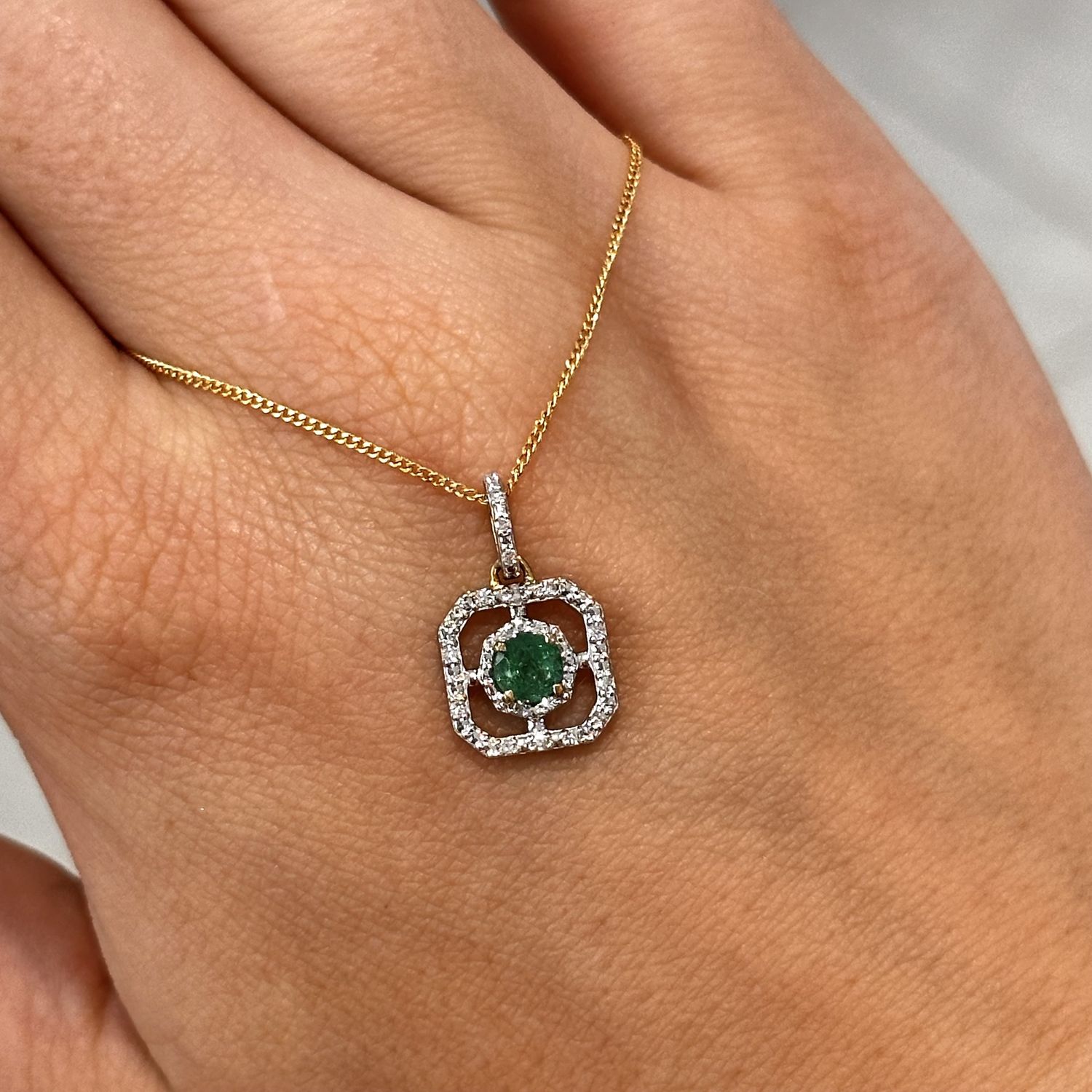 9ct Yellow Gold Emerald and Diamond Art Deco Pendant