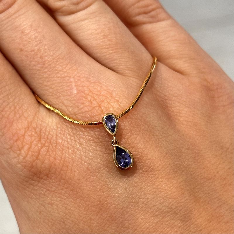 9ct Yellow Gold Pear Shaped Tanzanite Rubover Double Drop Pendant