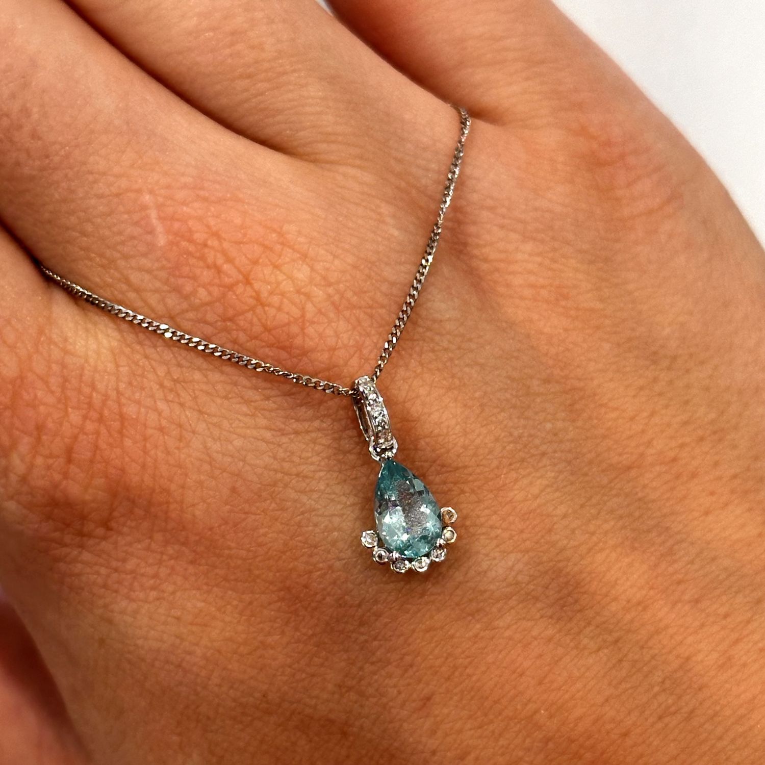 9ct White Gold Blue Apatite and Diamond Pear Shape Pendant