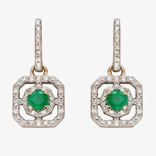 9ct Yellow Gold Emerald &amp; Diamond Art Deco Drop Earrings