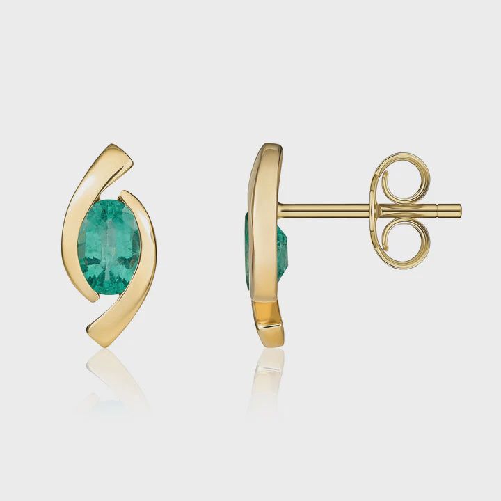 9ct Yellow Gold Oval Emerald &#39;Eye&#39; Stud Earring