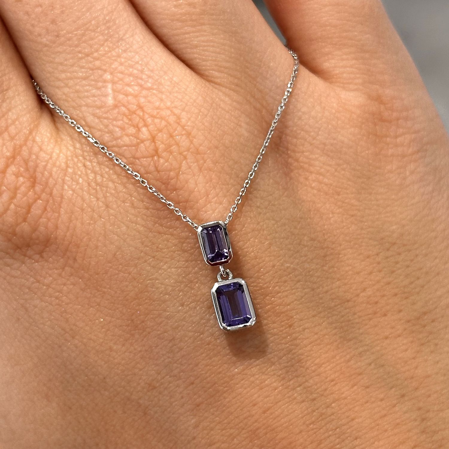 9ct White Gold Octagonal Tanzanite Rubover Double Drop Pendant