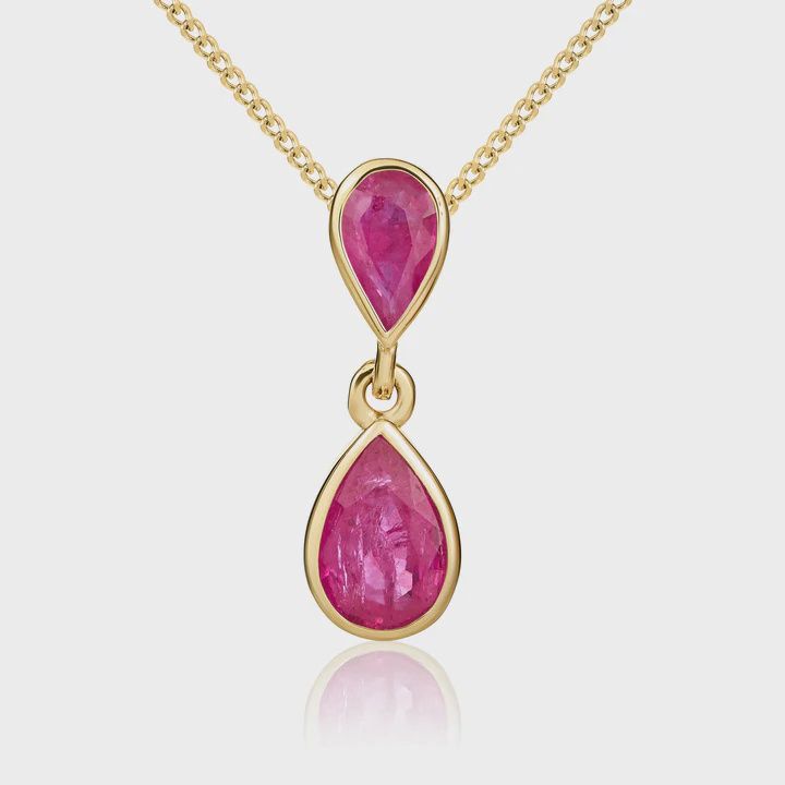 9ct Yellow Gold Pear Shaped Ruby Rubover Double Drop Pendant