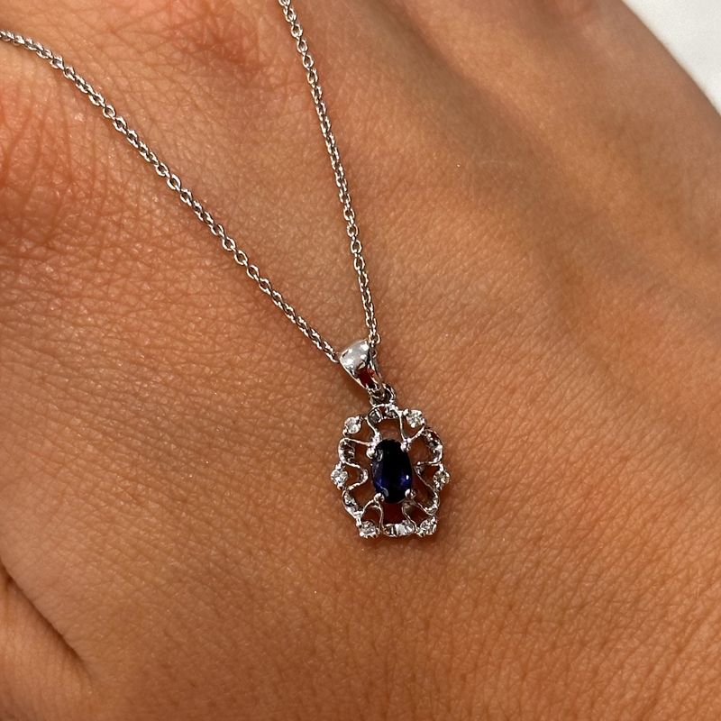 18ct White Gold Oval Sapphire &amp; Diamond Openwork Pendant