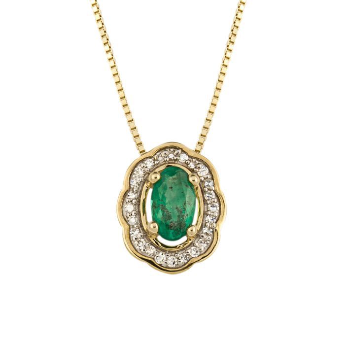 9ct Yellow Gold Ornate Emerald &amp; Diamond Pendant