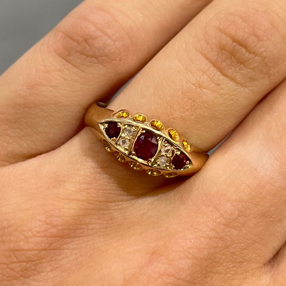 Pre-Owned 18ct Yellow Gold Antique 0.37ct Ruby &amp; Rough Cut Diamond Boat Ring Circa 1911