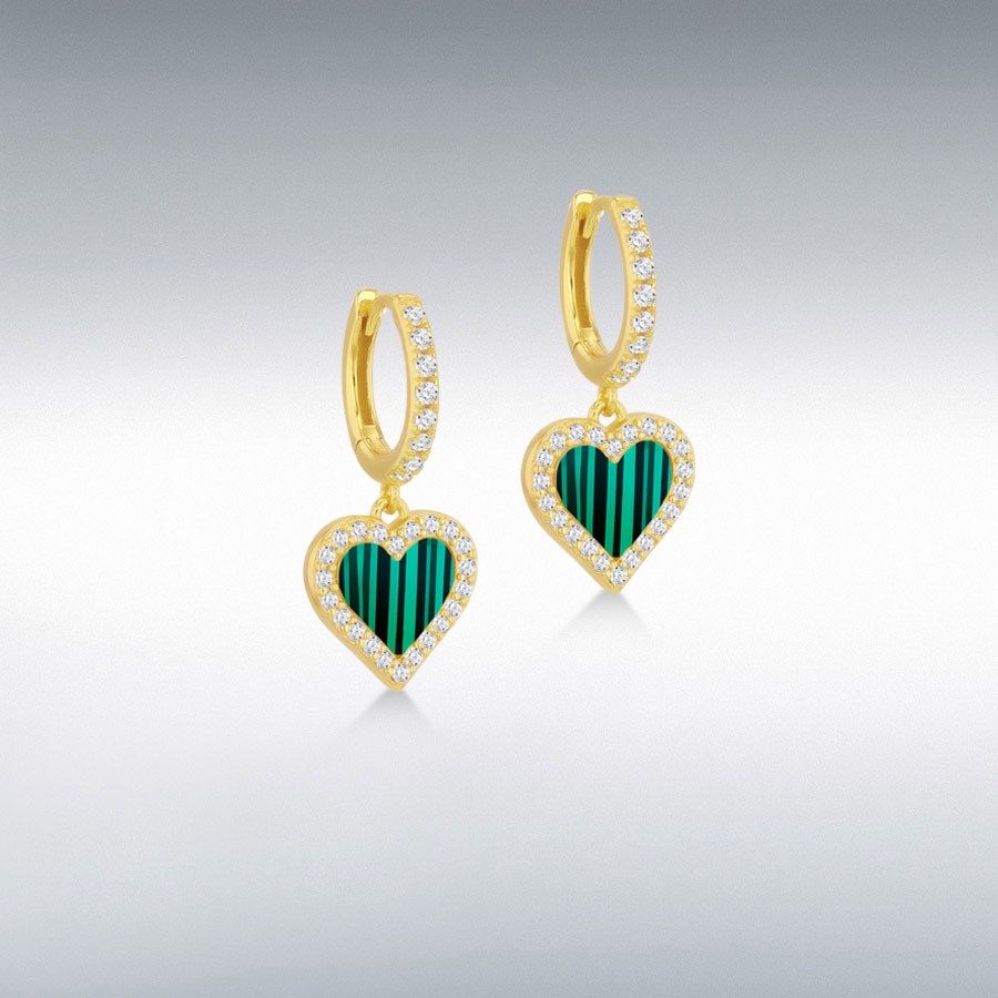 Silver Gold Plated CZ Malachite Heart Huggie Earrings