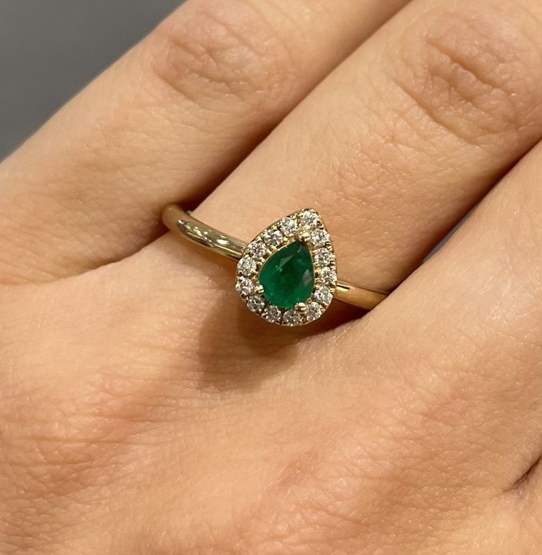 9ct Yellow Gold 0.25ct Pear Cut Emerald &amp; 0.12ct Diamond Halo Ring