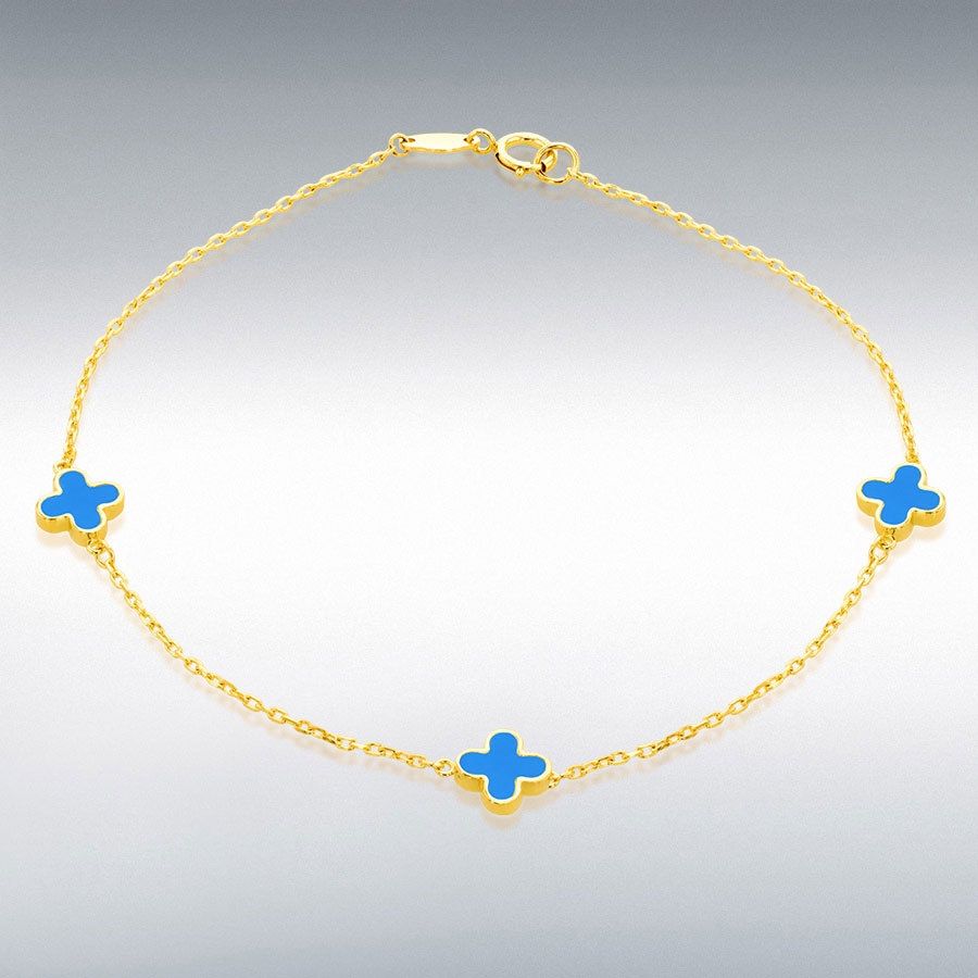 9ct Yellow Gold Triple Turquoise Clover Bracelet