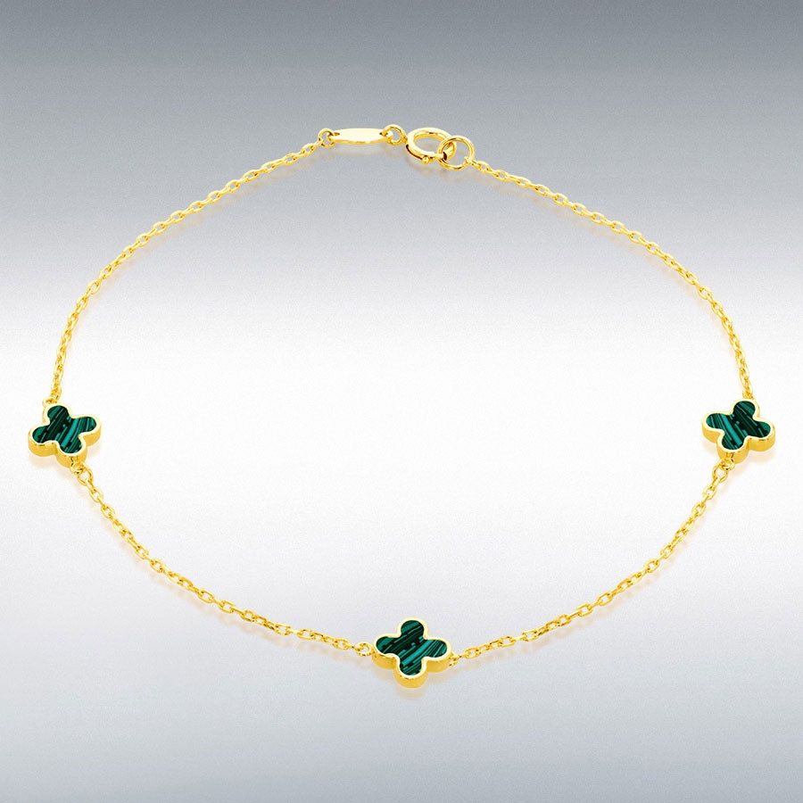 9ct Yellow Gold Triple Malachite Clover Bracelet