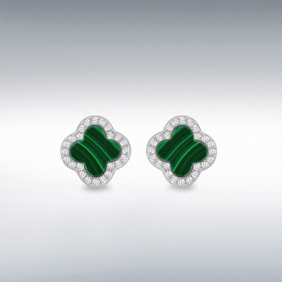 Sterling Silver Malachite Clover Stud Earrings