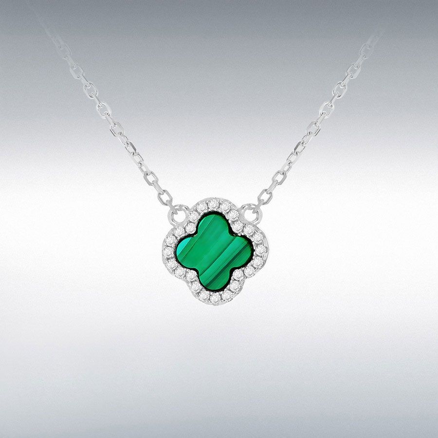 Sterling Silver Malachite Clover Halo Necklace