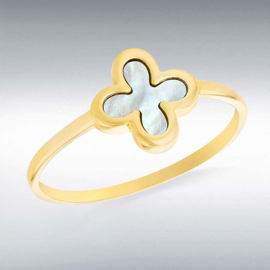 9ct Yellow Gold Clover Mother Of Pearl Ring