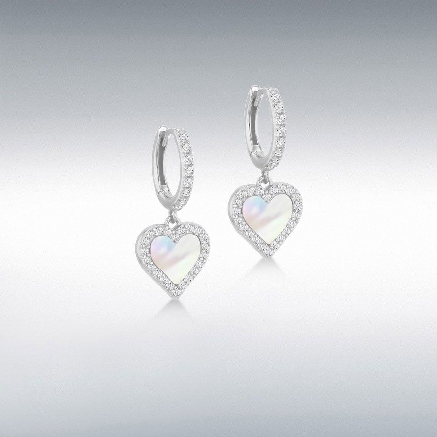 Sterling Silver Mother Of Pearl CZ Heart Hoop Drop Earrings
