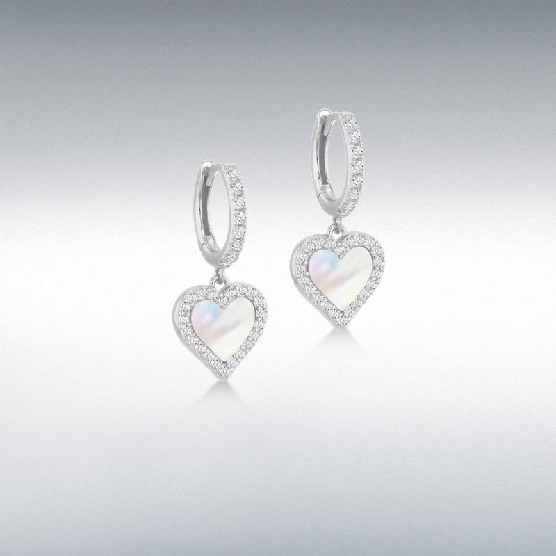 Sterling Silver Mother Of Pearl CZ Heart Hoop Drop Earrings