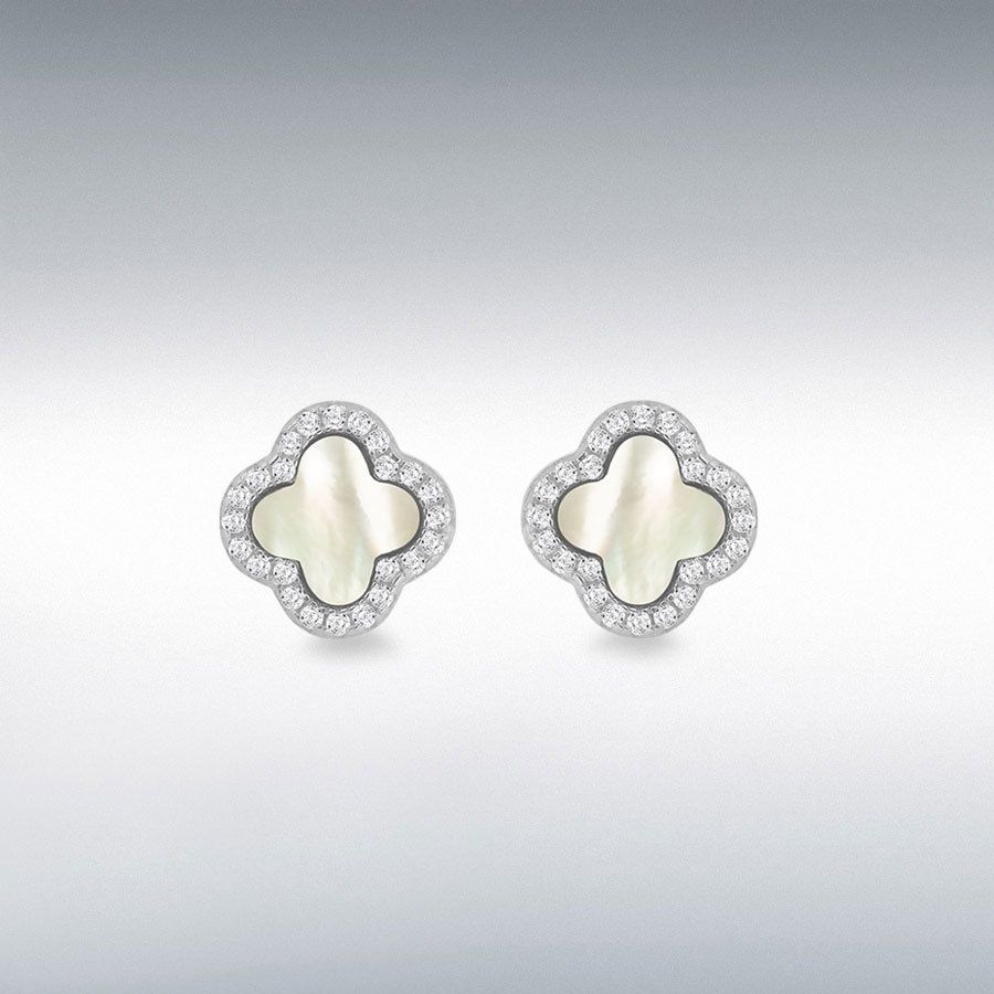 Silver White Mother Of Pearl Clover Stud Earrings