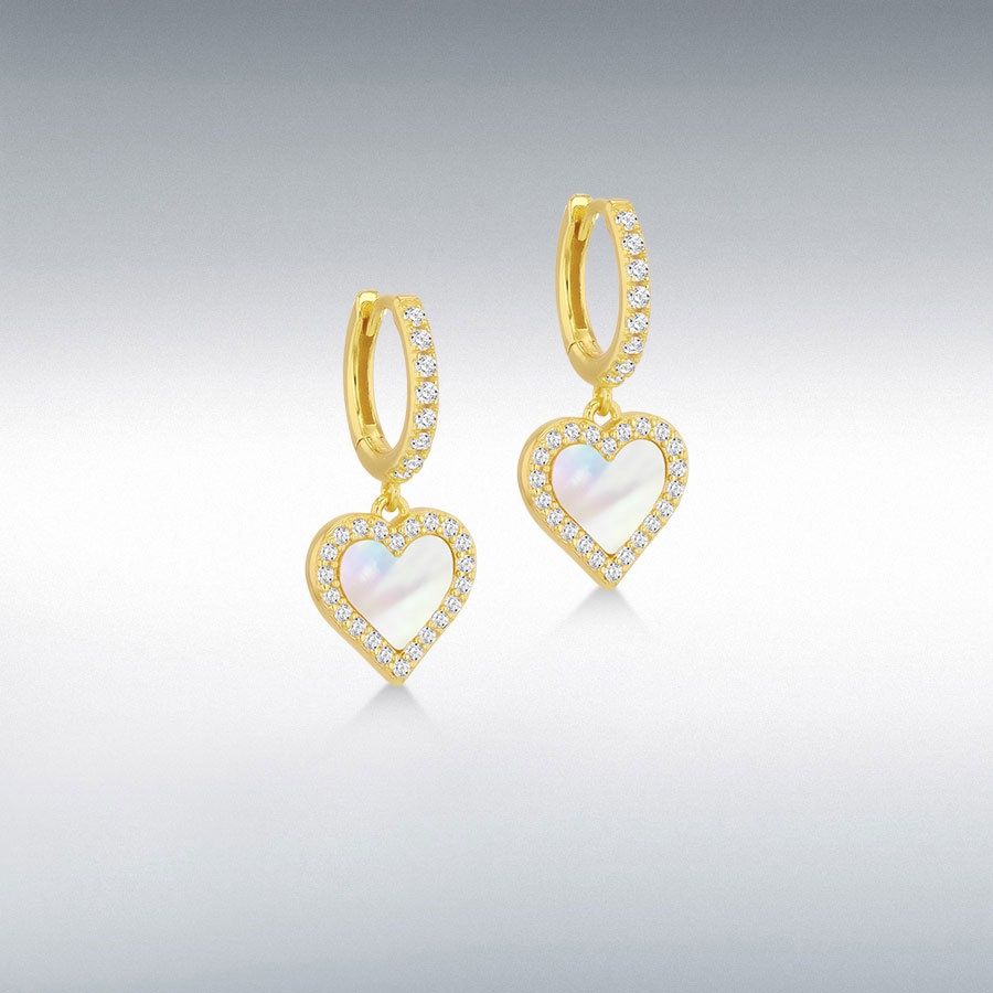 Sterling Silver Yellow Gold Plated Mother Of Pearl CZ Heart Hoop Drop Earrings
