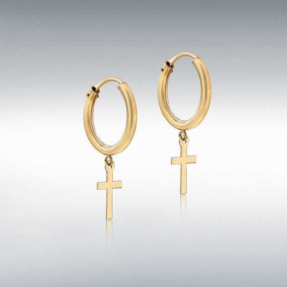 9ct Yellow Gold Cross Charm Sleeper Hoops 9ct Yellow Gold Cross Charm Sleeper Hoops