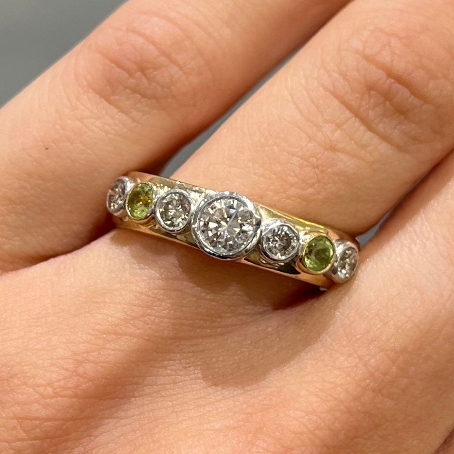 Pre-Owned 9ct Yellow Gold 0.75ct Diamond &amp; 0.24ct Peridot Band Ring