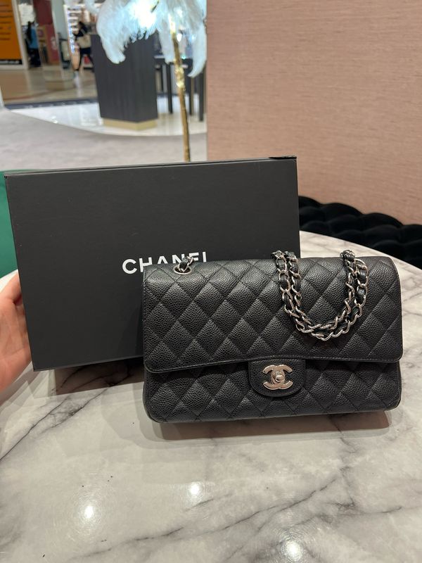 Pre-Owned Chanel Medium Classic Double Flap Bag in Black Caviar Leather