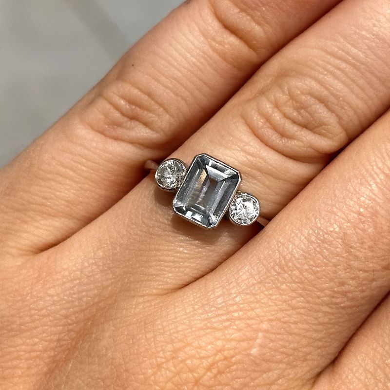 Pre-Owned 18ct White Gold Aquamarine and Diamond Trilogy Ring