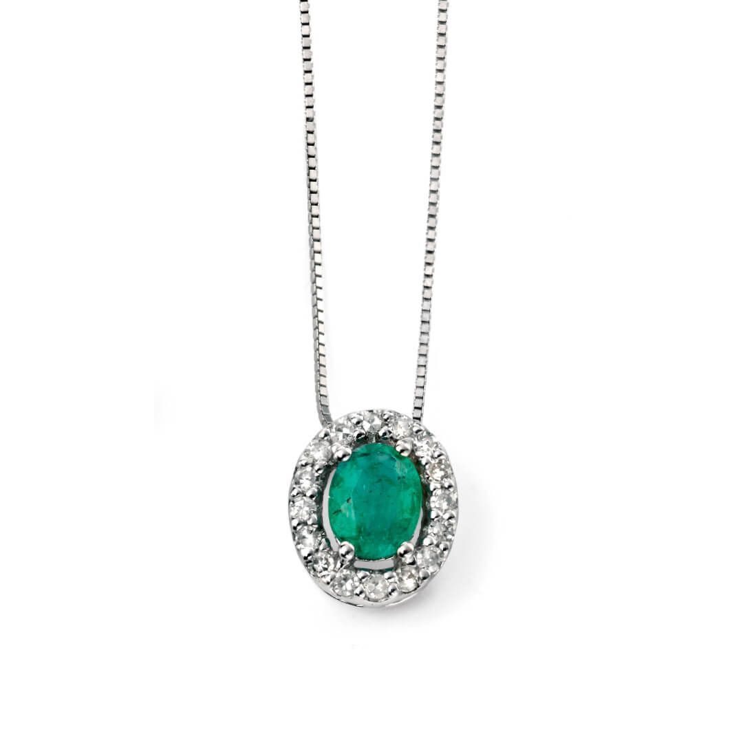 9ct White Gold Emerald and Diamond Pendant