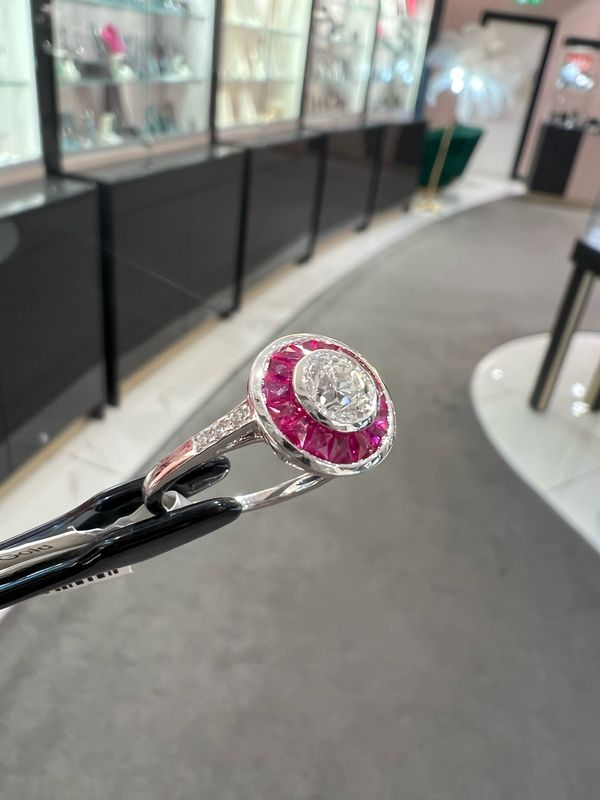 18ct White Gold Art Deco Inspired 0.69ct Old European Cut Diamond & 0.98ct Ruby Target Ring 18ct White Gold Art Deco Inspired 0.69ct Old European Cut Diamond & 0.98ct Ruby Target Ring