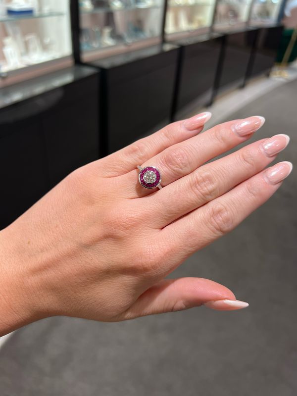18ct White Gold Art Deco Inspired 0.69ct Old European Cut Diamond &amp; 0.98ct Ruby Target Ring