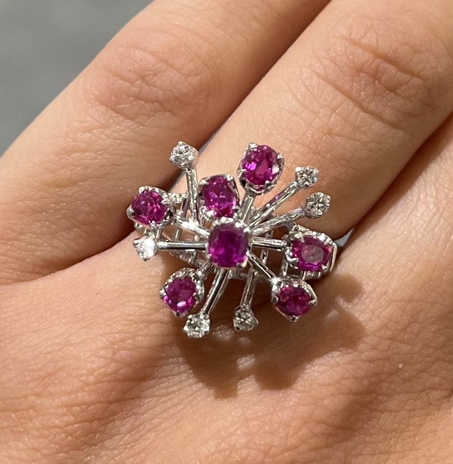 Pre-Owned 14ct White Gold 1.35ct Ruby &amp; 0.12ct Diamond Cluster Ring