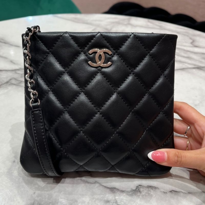 Pre-Owned Chanel Quilted Uniform Mini Zipped Crossbody Bag in Black Calfskin
