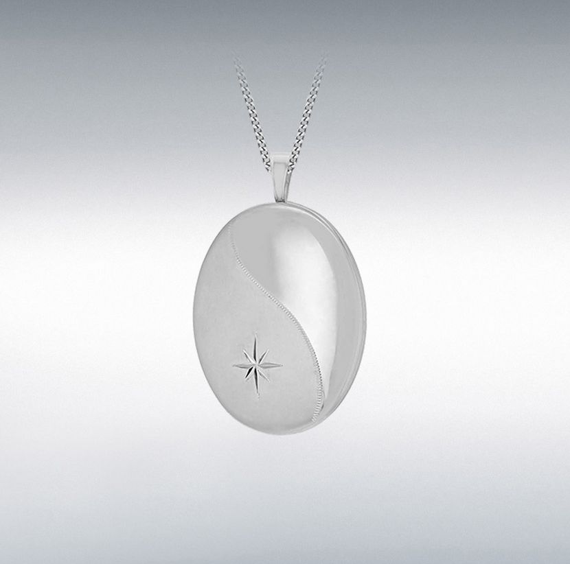 Silver Diamond-Cut Etched-Wave Oval Locket