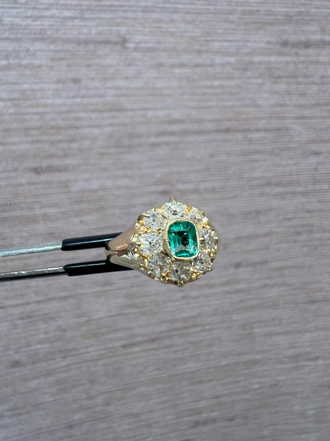 Pre-Owned Emerald &amp; Old Cut Diamond Vintage Flower Cluster Ring