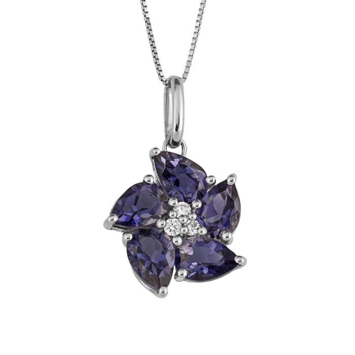 9ct White Gold Diamond Iolite Peony Pendant