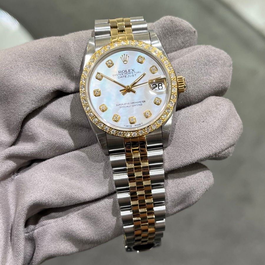 Pre-Owned Rolex Midsize Custom Diamond Set White Mother Of Pearl Dial Datejust 68273