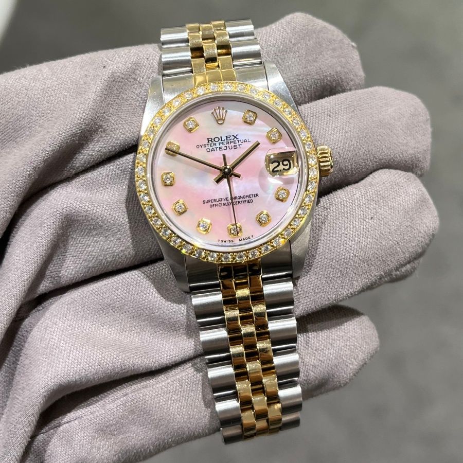 Pre-Owned Rolex Midsize Diamond Custom Set Pink Mother Of Pearl Ladies Datejust 68273