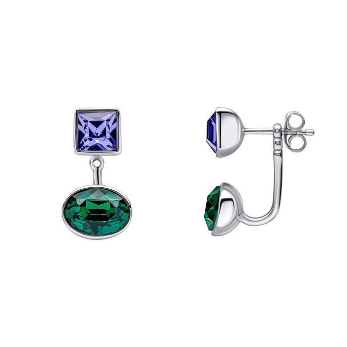 Silver Front &amp; Back Earrings with Square &amp; Round Crystal Shapes