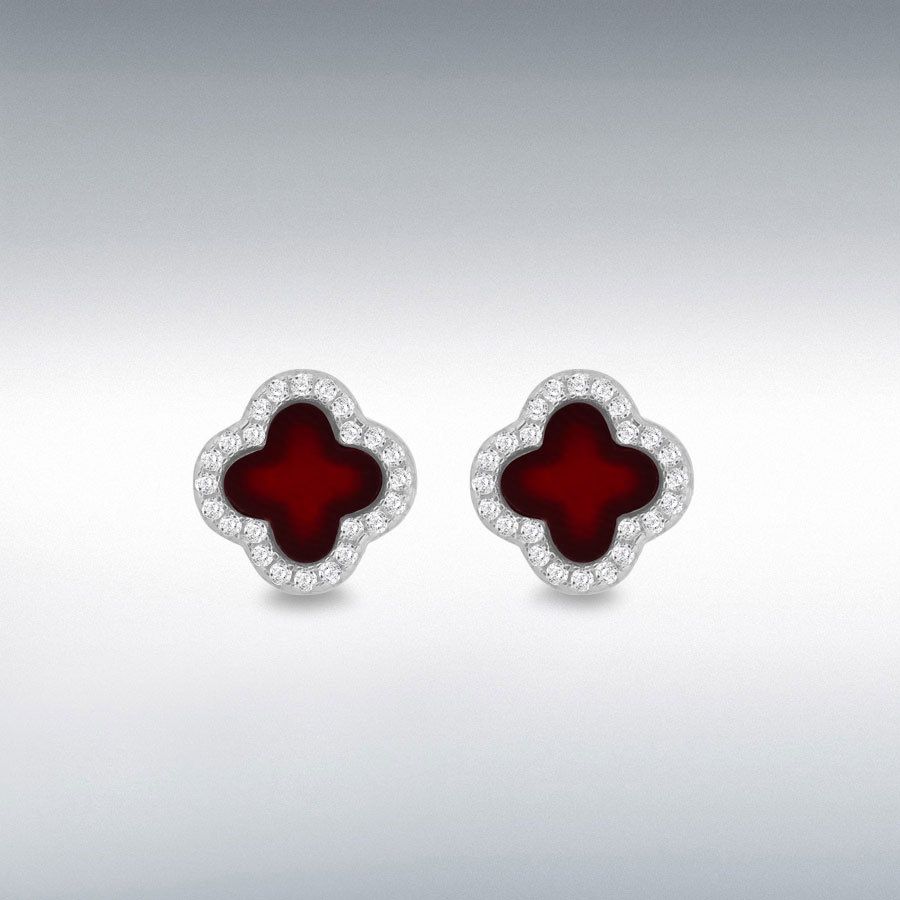 Sterling Silver Red Agate Halo Clover Stud Earrings