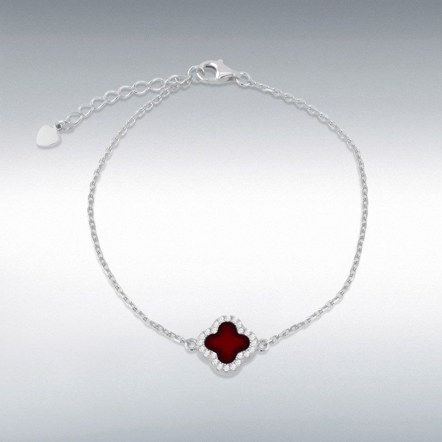 Sterling Silver Red Agate Halo Clover Bracelet