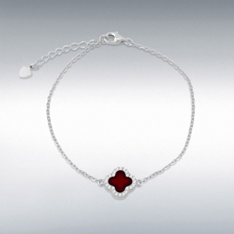 Sterling Silver Red Agate Halo Clover Bracelet Sterling Silver Red Agate Halo Clover Bracelet