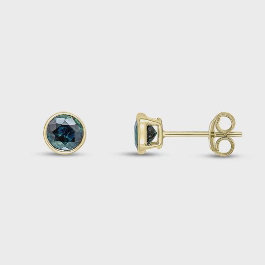 9ct Yellow Gold 1.22ct Round Blue Sapphire Rubover Stud Earrings