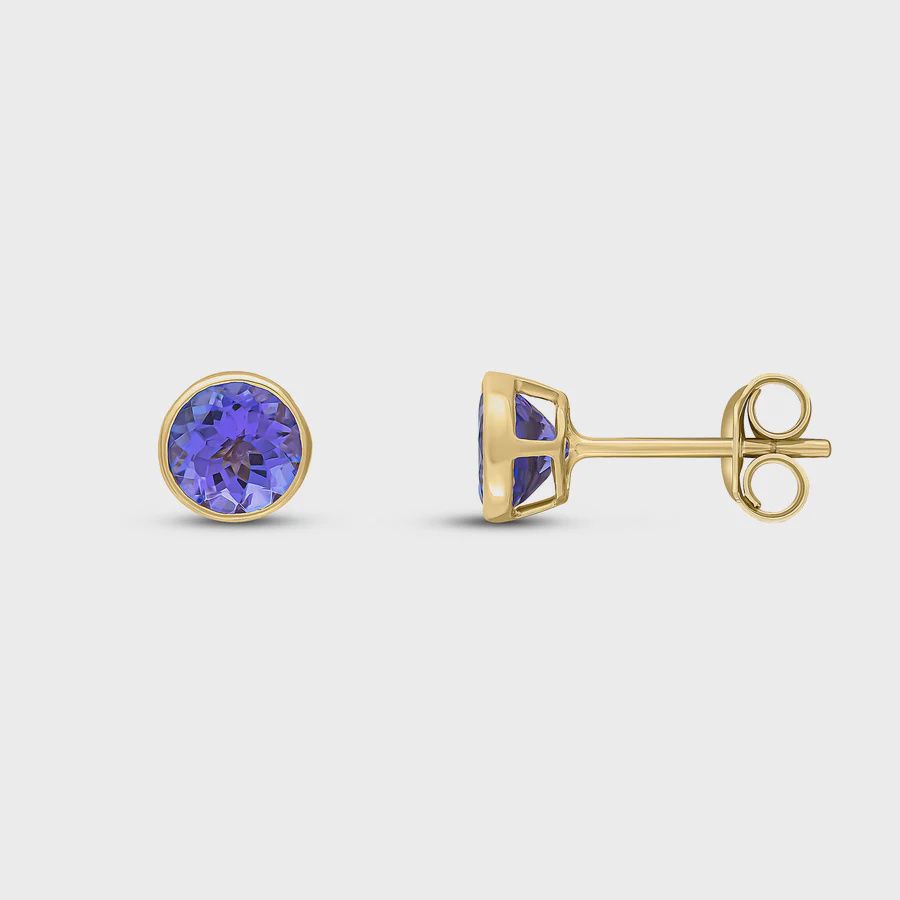 9ct Yellow Gold 1.00ct Round Tanzanite Rubover Stud Earrings