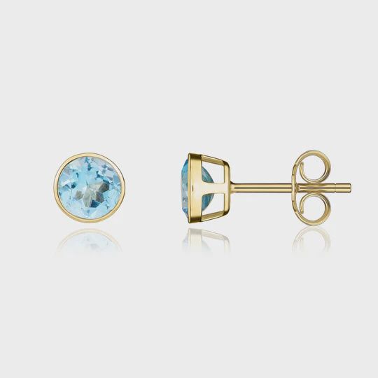 9ct Yellow Gold 1.04ct Round Swiss Blue Topaz Rubover Stud Earrings