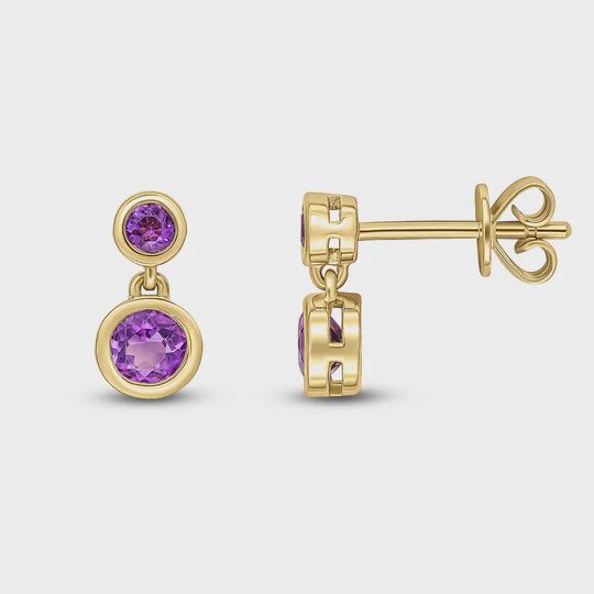 9ct Yellow Gold 0.62ct Round Amethyst Double Stone Rubover Drop Earrings